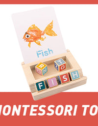 Spelling Game for Kids, Montessori Educational Toy for 3+ Year Old Pre-K Toddler Includes 8 Wooden Blocks and Illustrated Cards, Alphabet Learning Toy Boosts Brain Development, Hand-Eye Coordination