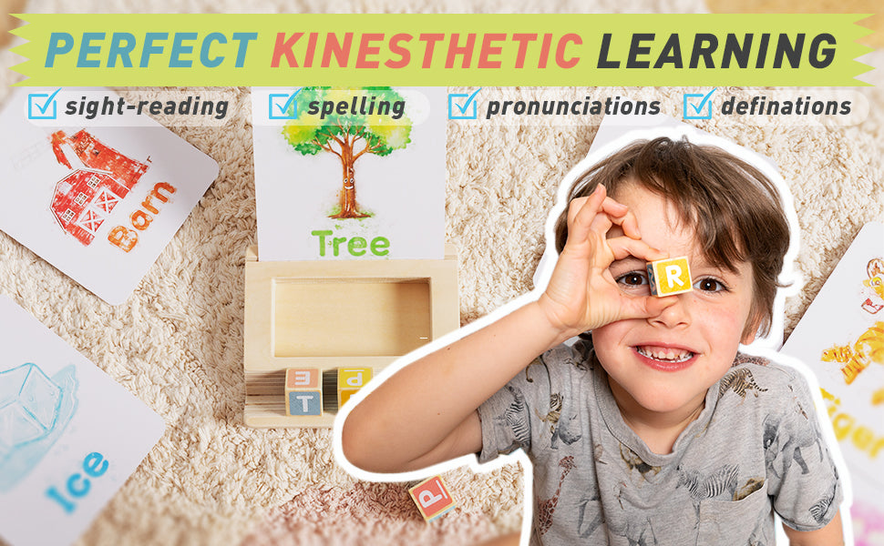 Spelling Game for Kids, Montessori Educational Toy for 3+ Year Old Pre-K Toddler Includes 8 Wooden Blocks and Illustrated Cards, Alphabet Learning Toy Boosts Brain Development, Hand-Eye Coordination