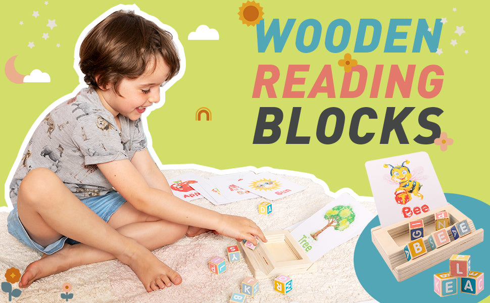Spelling Game for Kids, Montessori Educational Toy for 3+ Year Old Pre-K Toddler Includes 8 Wooden Blocks and Illustrated Cards, Alphabet Learning Toy Boosts Brain Development, Hand-Eye Coordination