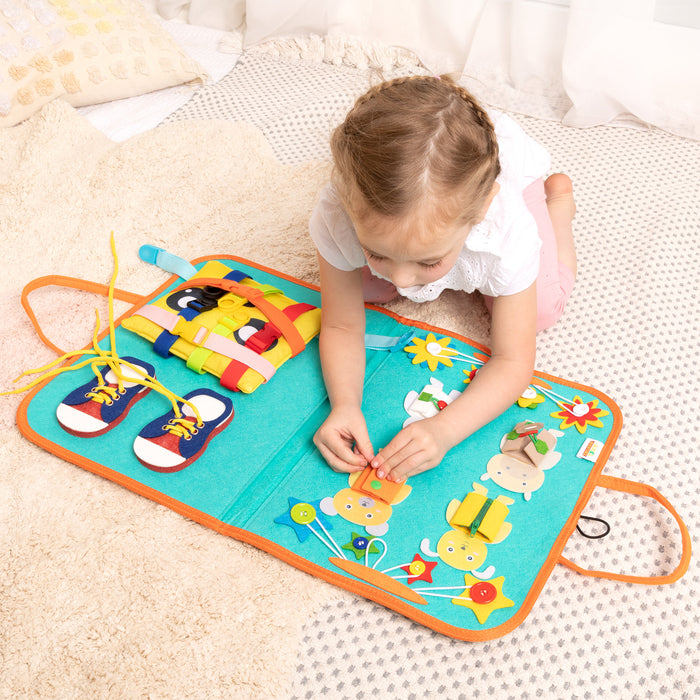 Montessori Busy Board for Toddlers, Sensory Toys Gifts for Boys & Girls, Preschool Toddler Activities for Fine Motor Skills, Educational Travel Toy Learning Basic Dress Skills