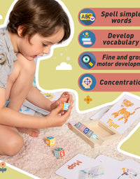 Spelling Game for Kids, Montessori Educational Toy for 3+ Year Old Pre-K Toddler Includes 8 Wooden Blocks and Illustrated Cards, Alphabet Learning Toy Boosts Brain Development, Hand-Eye Coordination
