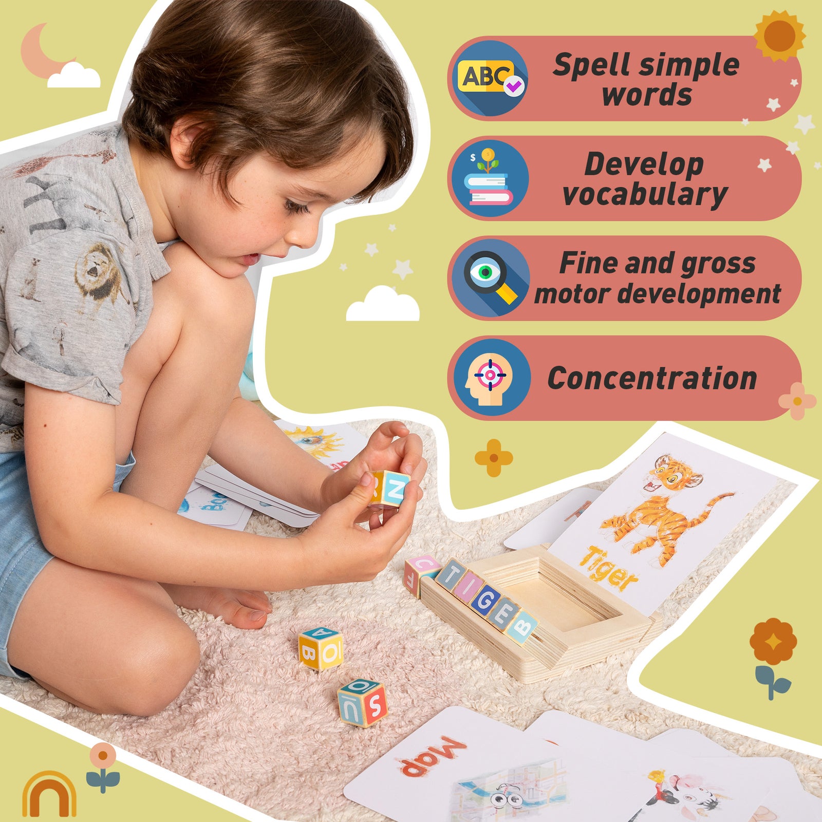 Spelling Game for Kids, Montessori Educational Toy for 3+ Year Old Pre-K Toddler Includes 8 Wooden Blocks and Illustrated Cards, Alphabet Learning Toy Boosts Brain Development, Hand-Eye Coordination