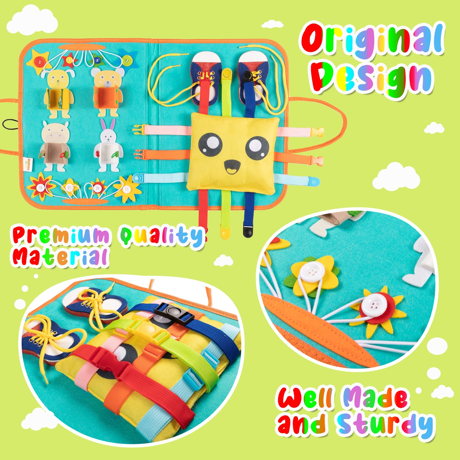 Montessori Busy Board for Toddlers, Sensory Toys Gifts for Boys & Girls, Preschool Toddler Activities for Fine Motor Skills, Educational Travel Toy Learning Basic Dress Skills