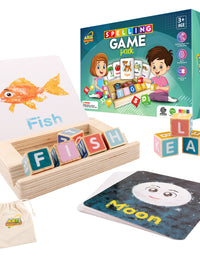 Spelling Game for Kids, Montessori Educational Toy for 3+ Year Old Pre-K Toddler Includes 8 Wooden Blocks and Illustrated Cards, Alphabet Learning Toy Boosts Brain Development, Hand-Eye Coordination