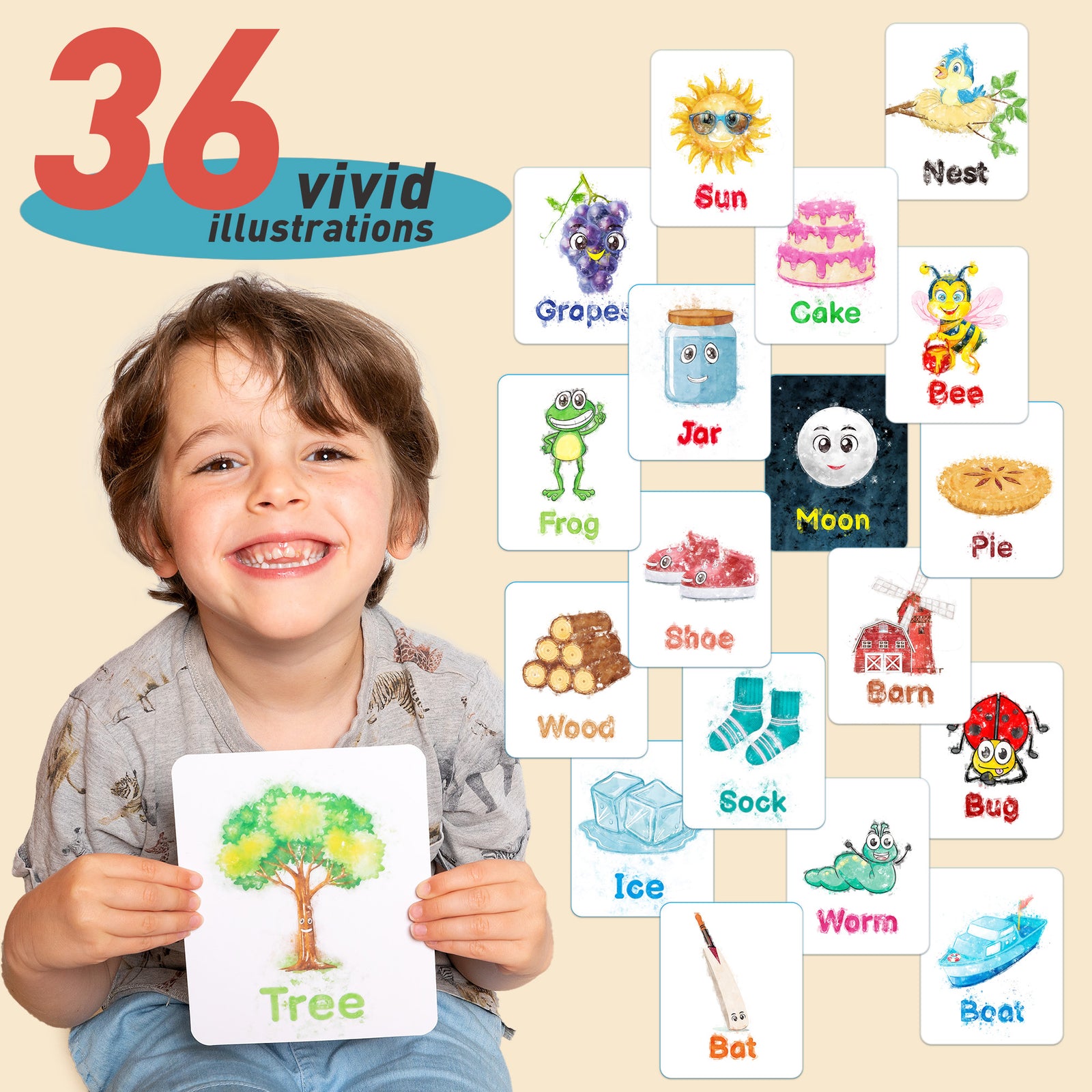 Spelling Game for Kids, Montessori Educational Toy for 3+ Year Old Pre-K Toddler Includes 8 Wooden Blocks and Illustrated Cards, Alphabet Learning Toy Boosts Brain Development, Hand-Eye Coordination