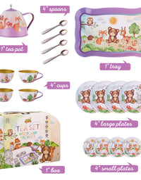 Woodland Animal Themed Pretend Play Tea Set for Little Girls - 15 PCS Tea Party Set for Kids Learning and Social Skills
