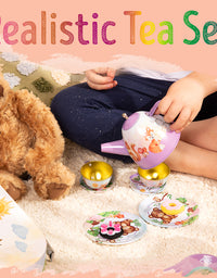 Woodland Animal Themed Pretend Play Tea Set for Little Girls - 15 PCS Tea Party Set for Kids Learning and Social Skills
