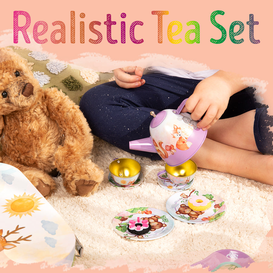 Woodland Animal Themed Pretend Play Tea Set for Little Girls - 15 PCS Tea Party Set for Kids Learning and Social Skills