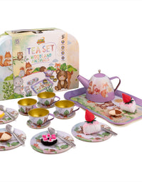 Woodland Animal Themed Pretend Play Tea Set for Little Girls - 15 PCS Tea Party Set for Kids Learning and Social Skills
