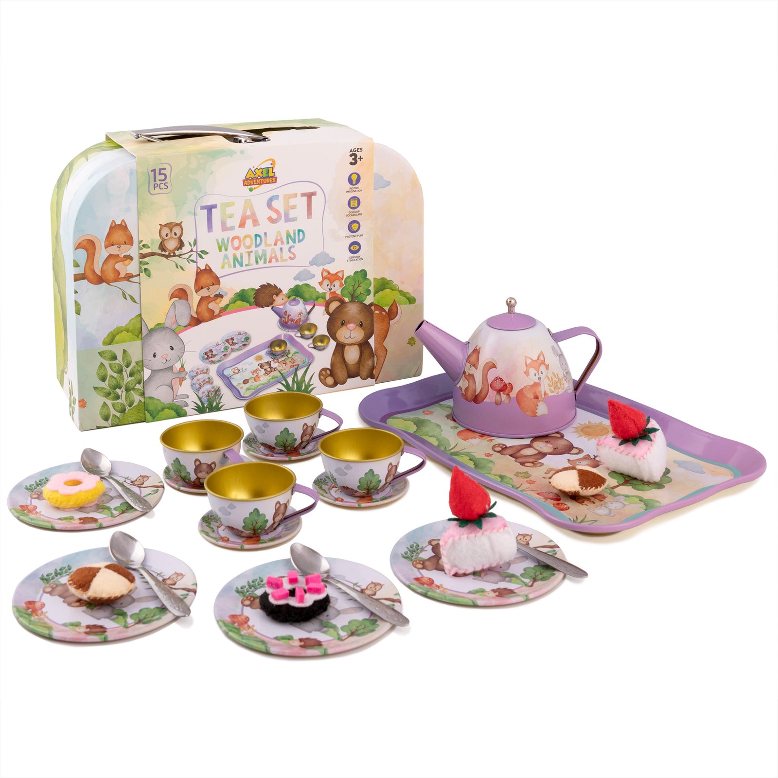 Woodland Animal Themed Pretend Play Tea Set for Little Girls - 15 PCS Tea Party Set for Kids Learning and Social Skills