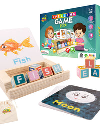 Spelling Game for Kids, Montessori Educational Toy for 3+ Year Old Pre-K Toddler Includes 8 Wooden Blocks and Illustrated Cards, Alphabet Learning Toy Boosts Brain Development, Hand-Eye Coordination
