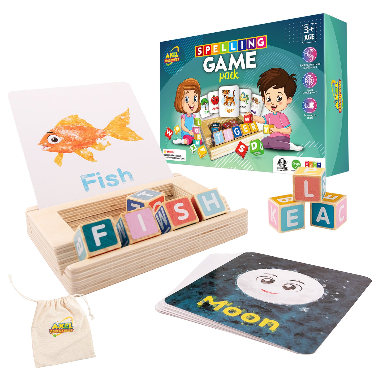 Spelling Game for Kids, Montessori Educational Toy for 3+ Year Old Pre-K Toddler Includes 8 Wooden Blocks and Illustrated Cards, Alphabet Learning Toy Boosts Brain Development, Hand-Eye Coordination